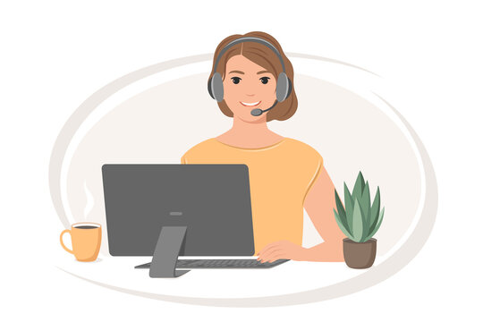 Customer Support, Call Center. Woman With Headphones And Microphone With Laptop. Vector Illustration