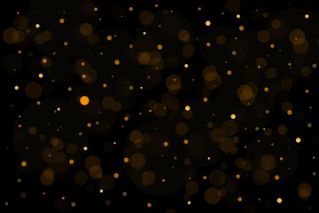 Fototapeta na wymiar Glowing yellow bokeh circles on black background. Illustration sparkling golden dust concept of abstract luxury for background.