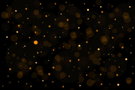 Glowing yellow bokeh circles on black background. Illustration sparkling golden dust concept of abstract luxury for background.