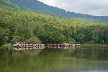 Fototapeta premium Huay Tueng Tao Park is a public place for people to relax and a tourist attraction for rafts selling food by the water and a variety of outdoor activities in Chiang Mai, Thailand.