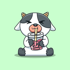 Cute Cow Drinking Boba Cartoon Vector Icon Illustration. Animal Drink Icon Concept Isolated Premium Vector. Flat Cartoon Style
