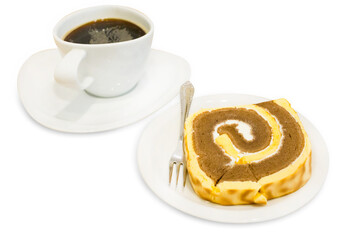 Top view of Soft cake and coffee, focus selective