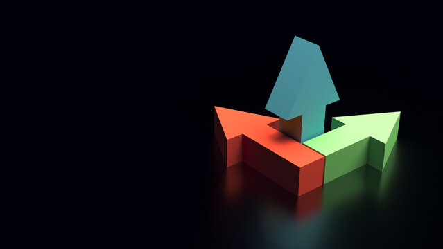 Red, green and blue coordinate arrows on a black background. 3d illustration. Business idea of problem solving.