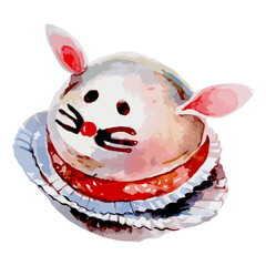 Drawing of a cookie, a cake in a wrapper. Illustration of dessert. Stylization of a watercolor drawing. Isolated colorful image.