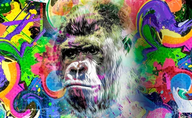 Foto op Canvas Colorful artistic monkey's head on background with colorful creative elements color art © reznik_val