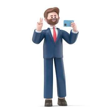 3D Illustration of smiling businessman Bob in headphones make video call or selfie by smartphone and show victory sign. 3D rendering on white background.
