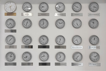 Time Zone clocks showing different time. Time difference in major world's financial centers....