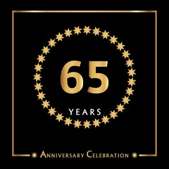 65 years anniversary celebration with golden circle star frame isolated on black background. Creative design for happy birthday, wedding, ceremony, event party, invitation event, and greeting card.
