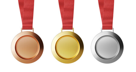 realistic 3d rendering first place champion winner prize achievement pendant award circle shape gold silver bronze medal with necklace strap ribbon mockup front view isolated