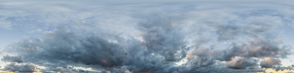 Overcast sky panorama on rainy day with Nimbostratus clouds in seamless spherical equirectangular format. Full zenith for use in 3D graphics, game and for aerial drone 360 degree panorama as sky dome.