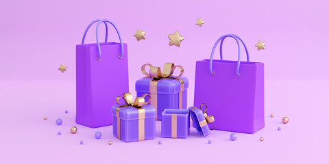 Realistic violet gift boxes with purple paper shopping bag background. Concept of black Friday or Christmas sales, present or surprise. 3d high quality render