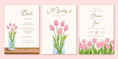 Watercolor pink tulip flowers vase set wedding invitation template - obrazy, fototapety, plakaty