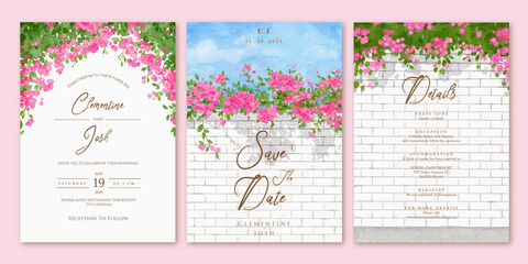 Set of wedding invitation template with watercolor pink bougainvillea flower brick wall landscape - obrazy, fototapety, plakaty
