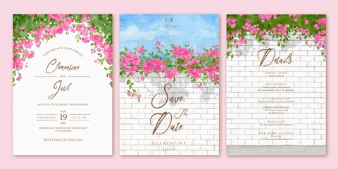 Fototapeten Set of wedding invitation template with watercolor pink bougainvillea flower brick wall landscape © cocomomo