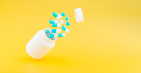 Blue and white capsules medication with medication container, 3D illustration rendering