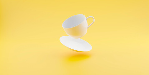 Action of coffee cup on yellow background, 3D illustrations render