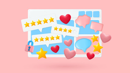 Web page user experience 3d vector concept. Web site page 3d vector. Chat message, forum, client feedback, social media, multimedia. Gaming and online shoping. Internet online entertainment.