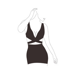 Linear female figure. Elegant faceless lady in black top and skirt. Graceful woman silhouette. Minimalistic hand drawn vector illustration. Trendy logo for boutique, shop, beauty salon.
