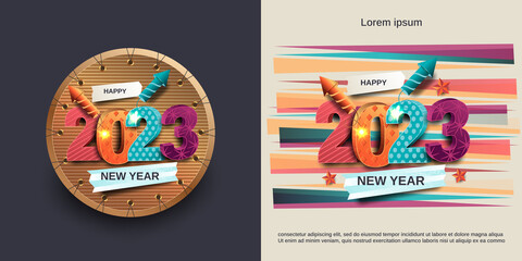 Set of celebration 2023 new year trendy design with full color. 2023 new year 3D number with trendy design for banner, template, card and media post
