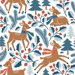 Seamless vector pattern with cute deer, berry and woods. Perfect for textile, wallpaper or print design. 