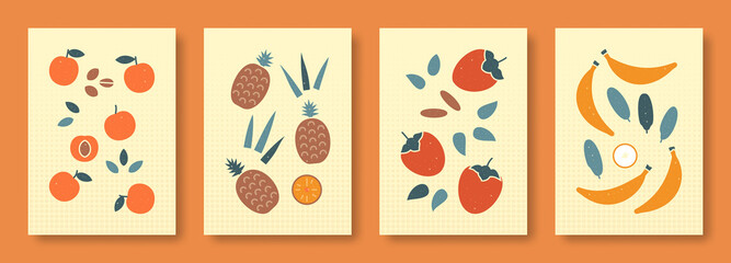 Fototapeta na wymiar Vector illustration abstract still life of fruits in pastel colors. Isolated collection of contemporary art for websites. Set of illustrations cherry-plum ananas persimmon banana.