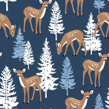 Seamless vector pattern with cute deer and woods. Perfect for textile, wallpaper or print design. 