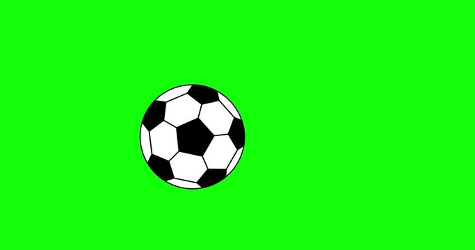 Classic soccer ball hits ground while spinning and bounces up. Simple flight path with rotation. Ball movement ends with damped vibrations in place. Football game. Motion animation on green screen.