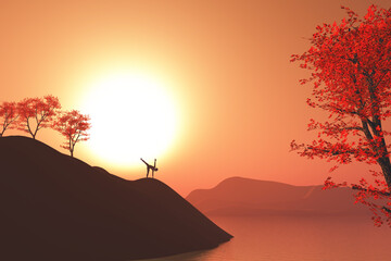 3D sunset landscape with female in yoga pose on cliff with trees