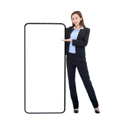 Business woman leaning on huge cellphone with blank white screen,  recommending great new app or website for smart phone