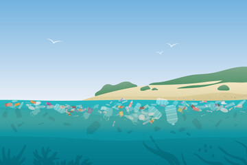 Fototapeta na wymiar Polluted seaside with trash and plastic garbage vector illustration. Cartoon dirty coastal landscape with floating bottles, bags, pile of debris rubbish background. Littering, pollution concept
