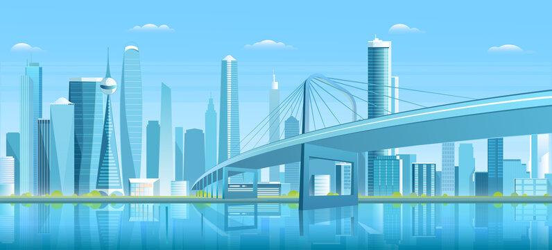 Concrete bridge with pillars and highway in futuristic skyline of modern city vector illustration. Panorama cityscape with constructions and skyscrapers, downtown district of metropolis background