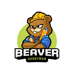 Beaver handyman wearing helmet with pipe wrench cartoon mascot logo