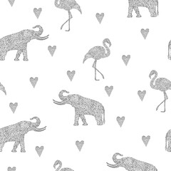 Animal seamless pattern filling polka dots. Elephant, flamingo and heart. Monochrome pattern. Prints, textiles, packaging and wallpaper.