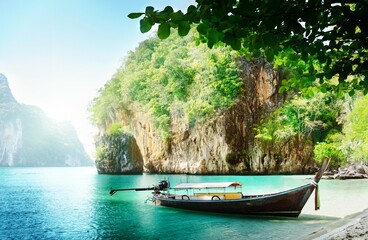 Naklejka na ściany i meble Boats, Thailand Sea Crag Nature.