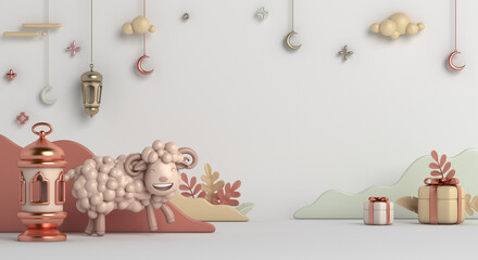 Obraz na płótnie Canvas Eid al adha islamic decoration background with goat sheep gift box arabic lantern crescent, ramadan kareem, mawlid, iftar, eid al fitr, muharram, copy space text area, 3D illustration.