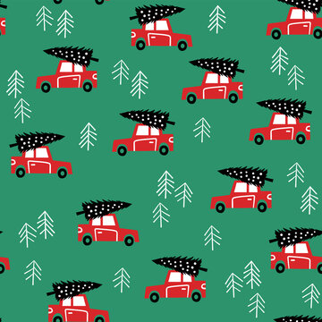 Seamless vector pattern with cute Christmas cars. Perfect for textile, wallpaper or print design. 