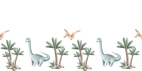 Watercolor seamless pattern with dinosaurs on white. © Aleksandra Baianova