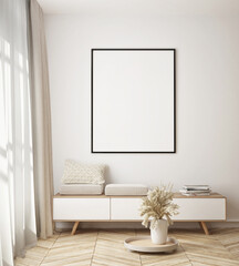 mock up poster frame in modern interior background, living room, Scandinavian style, 3D render, 3D illustration