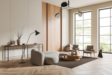 Light relax interior with couch and chairs with decoration, panoramic window