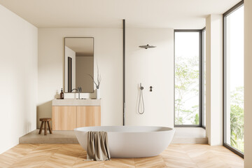 Fototapeta na wymiar Light bathroom interior with tub, douche, sink and panoramic window