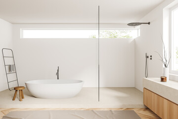 Fototapeta na wymiar Light bathroom interior tub with douche and accessories, panoramic window