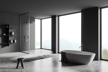 Grey bathroom interior with douche, tub and decoration, panoramic window