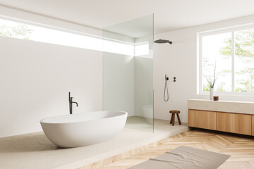 Fototapeta na wymiar Light bathroom interior tub with douche and accessories, panoramic window