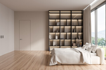 White bedroom interior with bed and shelf with decoration, panoramic window