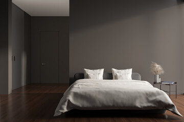 Grey bedroom interior with bed and nightstand. Mockup