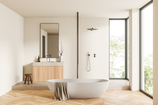 Light bathroom interior with tub, douche, sink and panoramic window