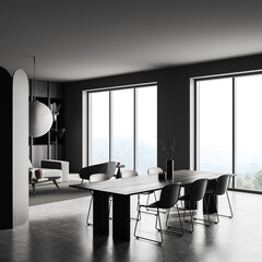 Grey living room interior with dining table and couch, panoramic window