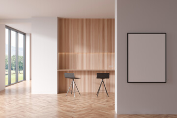 Light eating interior with bar chairs and deck on wooden floor. Mockup frame