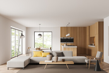 Light kitchen interior with couch and eating area, panoramic window