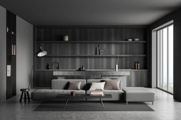 Modern kitchen interior with couch and bar chairs, panoramic window